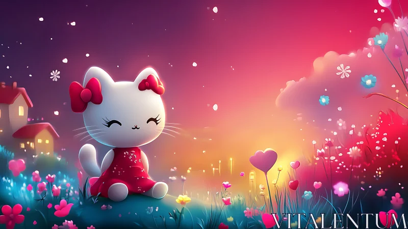Chibi white cat in red dress amid glowing heart meadow at dusk