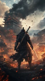 Samurai warrior faces burning fortress under storm sky.