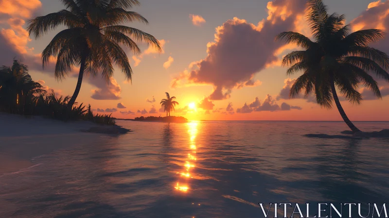 Tropical island sunset with palm silhouettes over calm water.