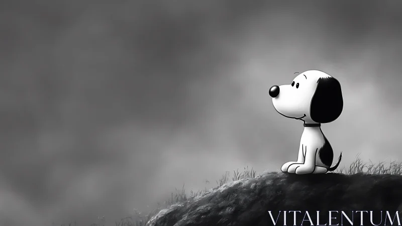 Cartoon dog seated on grassy ridge under cloudy sky.