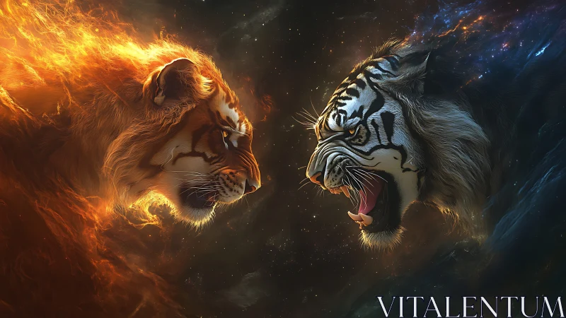 Fire Lion Confronts Ice Tiger in Cosmic Battle