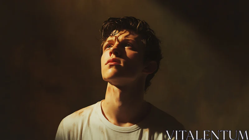 Soft spotlight carves a quiet halo around a searching gaze