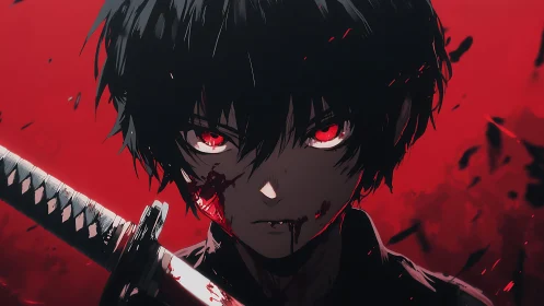 Brooding swordbearer in a storm of red resolve.