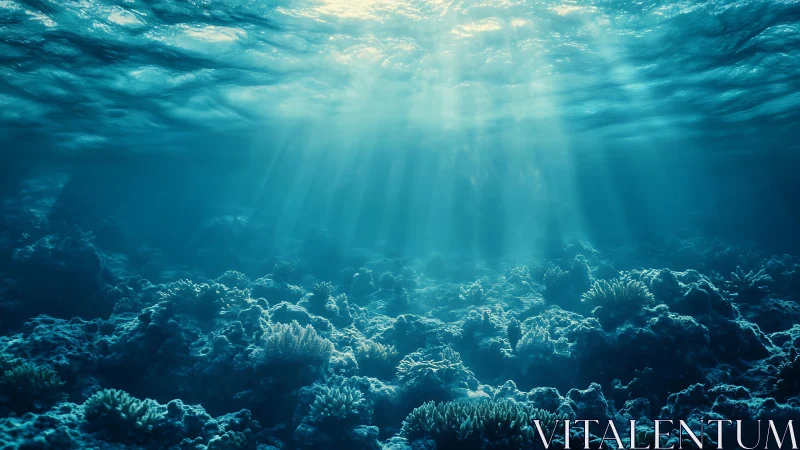 Sunlit underwater coral landscape with deep blue tones.
