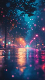 Neon city rain glows over reflective midnight street.