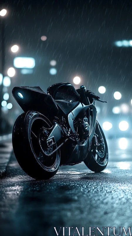 Cyberpunk superbike on neon wet street, low-angle composition.