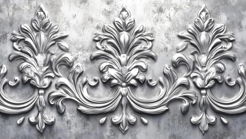 Ornate Silver Baroque Floral Pattern on Textured Wall Surface.