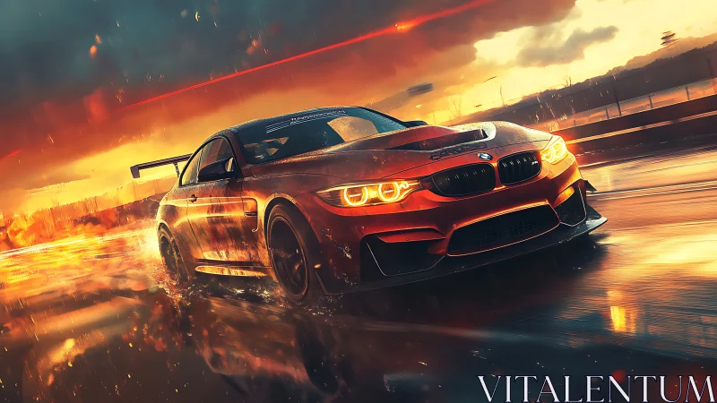 BMW race car slices wet track under blazing sunset storm.