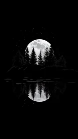 High-contrast lunar landscape with mirrored conifer silhouettes