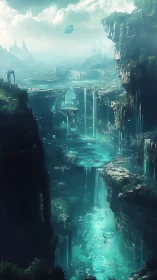 Futuristic terraced canyon with luminescent turquoise waterfalls