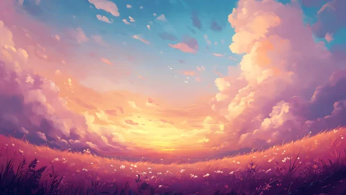Radiant sunset meadow with towering pastel storm clouds.
