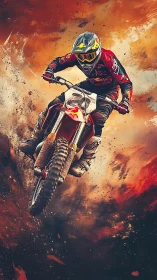 Motocross rider captured mid-jump in dynamic digital treatment
