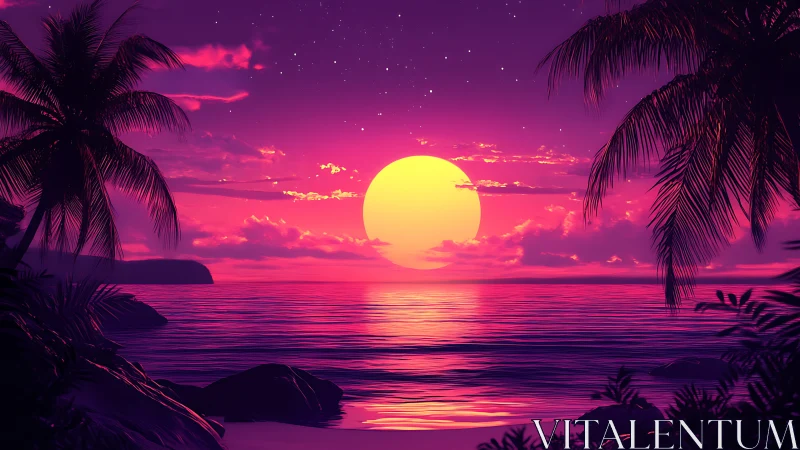 Neon tropical sunset over calm ocean with palm silhouettes.