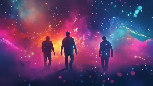 Three silhouettes walk through luminous cosmic nebula field