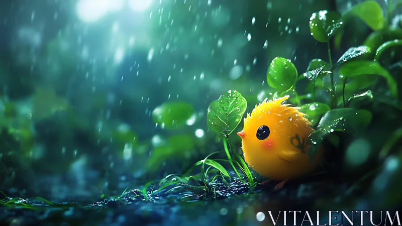 Rain-kissed chick sheltered by glowing garden leaves.