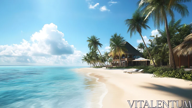 Tropical beach resort with overwater bungalows and palm trees