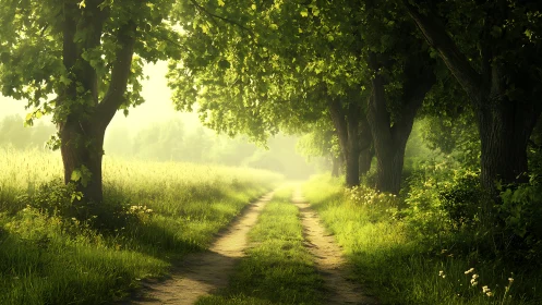 Sunlit country lane slipping into a misty green hush.