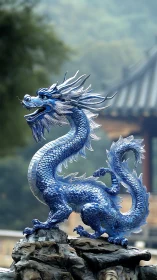 Blue dragon sculpture stands on rock before blurred pavilion