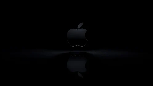 Apple logo rendered in dark monochromatic digital format against black background.