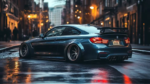 Evening city street welcomes a sleek custom sports coupe