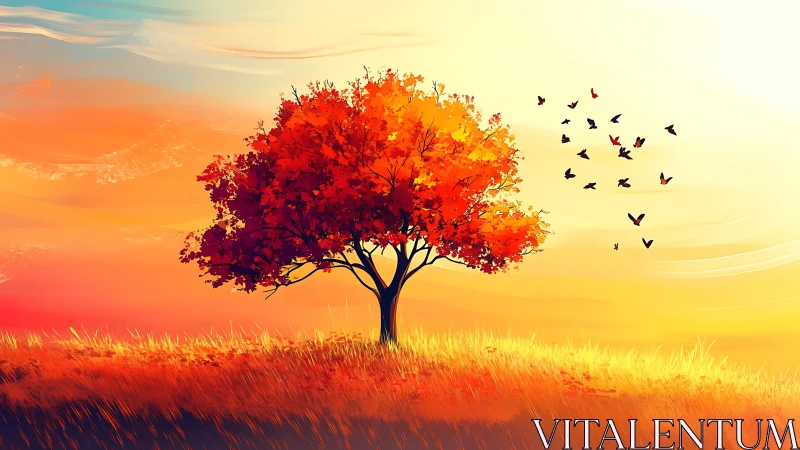 Autumn tree silhouette anchors high-saturation sunset field composition