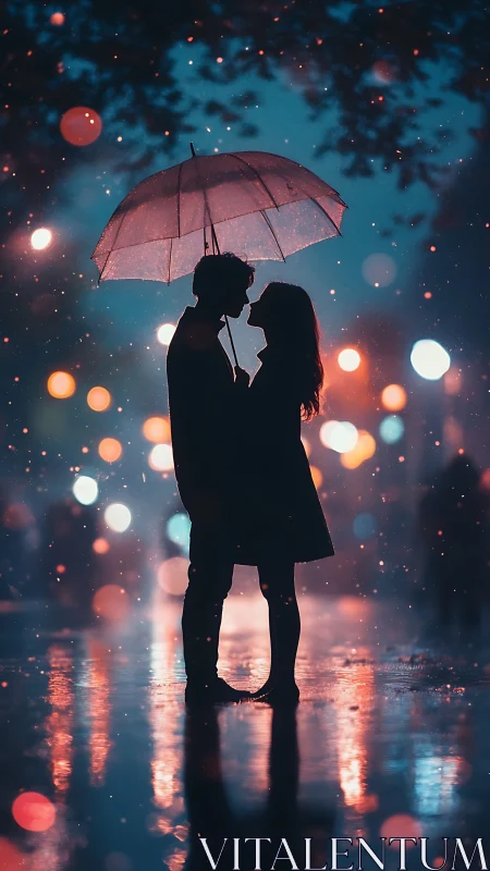 Two souls share a magical moment under a luminous umbrella