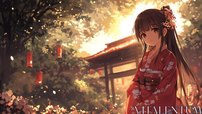 Kimono girl in sunlit shrine garden, soft anime ambience.