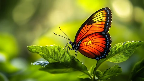 Orange butterfly rests on green leaves in soft backlight