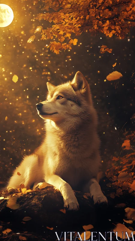 Autumn-lit husky gazes at full moon amid glowing leaf fall