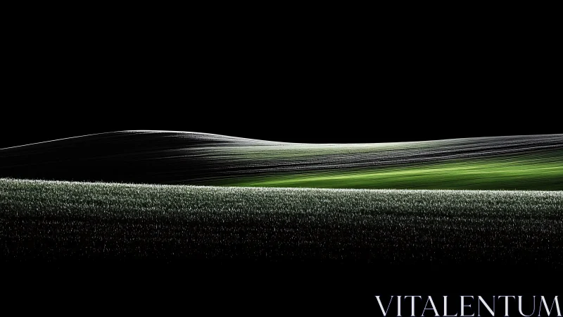 Curved green field ridge cuts bright arc through deep black