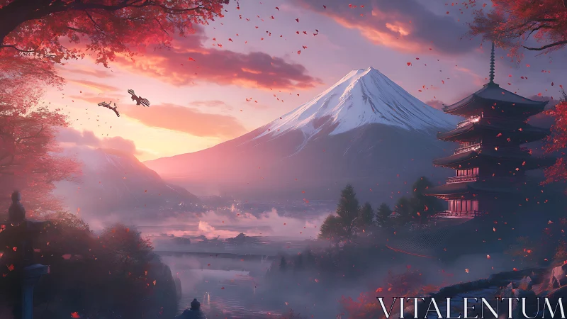 Sunrise illuminates snow peak over temple and autumn valley