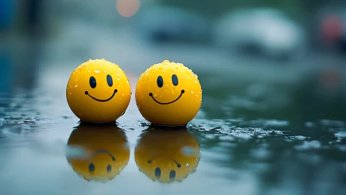 Twin smiley spheres on wet pavement with soft reflections.