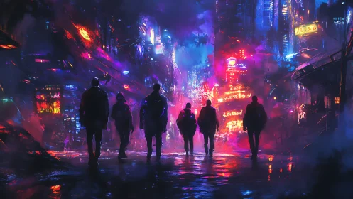 Neon-washed streetwalkers crossing a drenched cyber cityscape.
