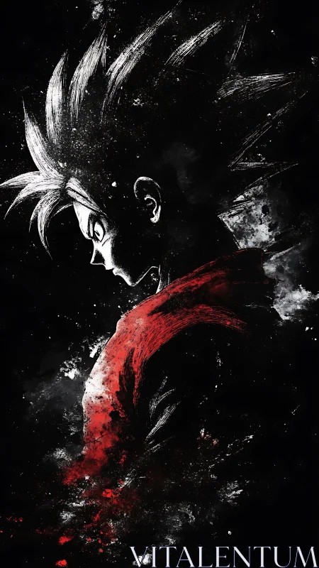 High-contrast anime warrior profile in splattered ink gloom.