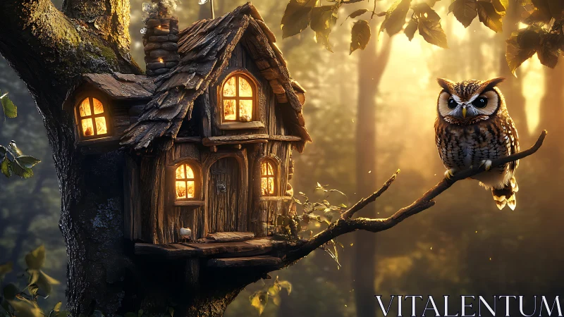Fantasy owl and treehouse at golden forest twilight scene.