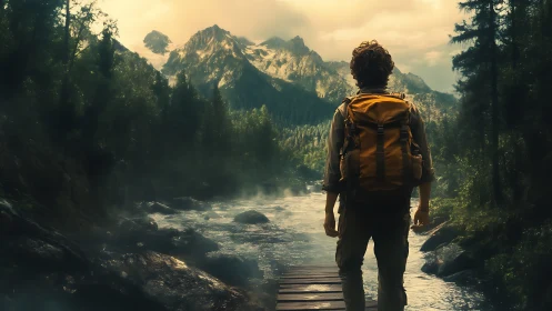 Hiker stands on river bridge facing distant mountain range