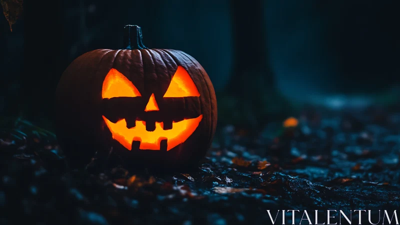 Glowing jack o lantern on wet forest path at night.