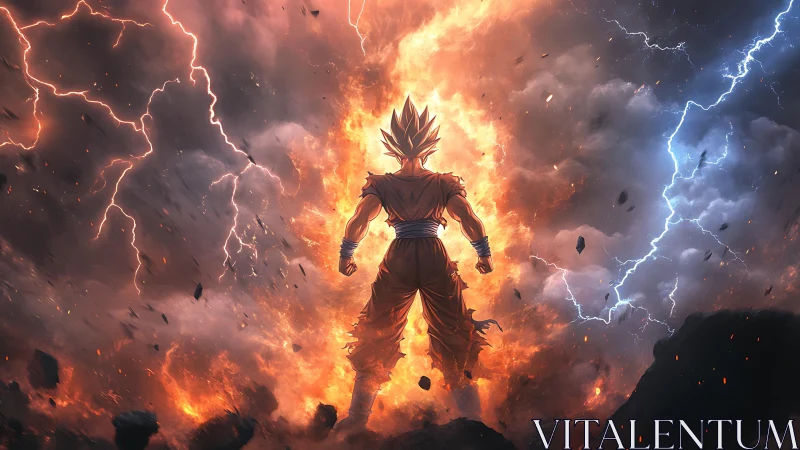 Backlit warrior amid lightning and divided storm sky.