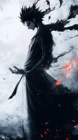 Dark robed figure with red eyes in drifting shadows.