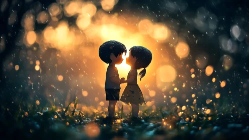 Silhouetted Children Meeting in Rainfall.