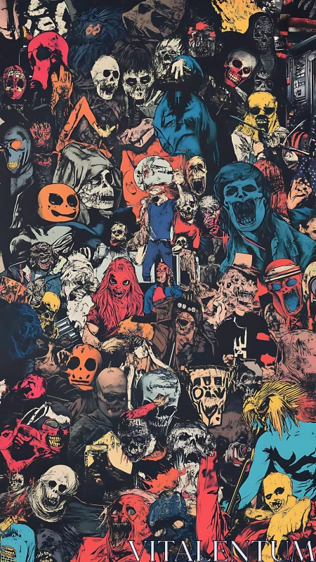 Dense collage of illustrated skulls and monstrous figures.