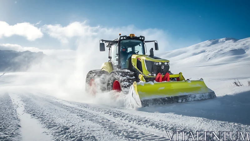 Articulated tractor with front snowplow on alpine roadway