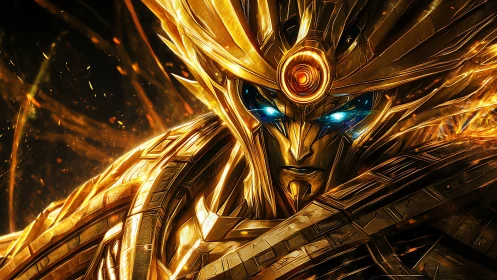 Golden armored cosmic warrior with glowing blue eyes.