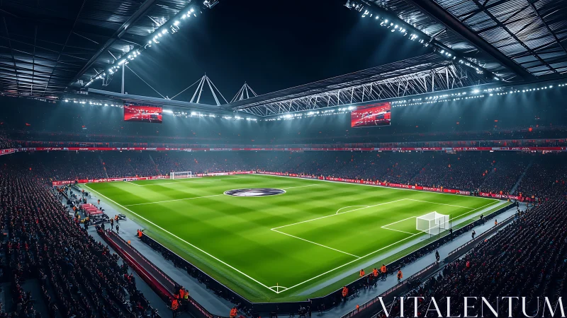 Floodlit football stadium panorama before night kickoff.