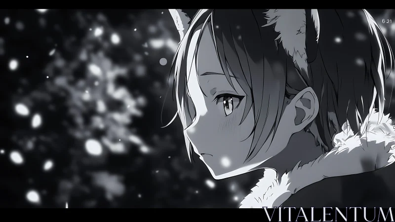 Melancholic anime girl in winter snowfall profile view.