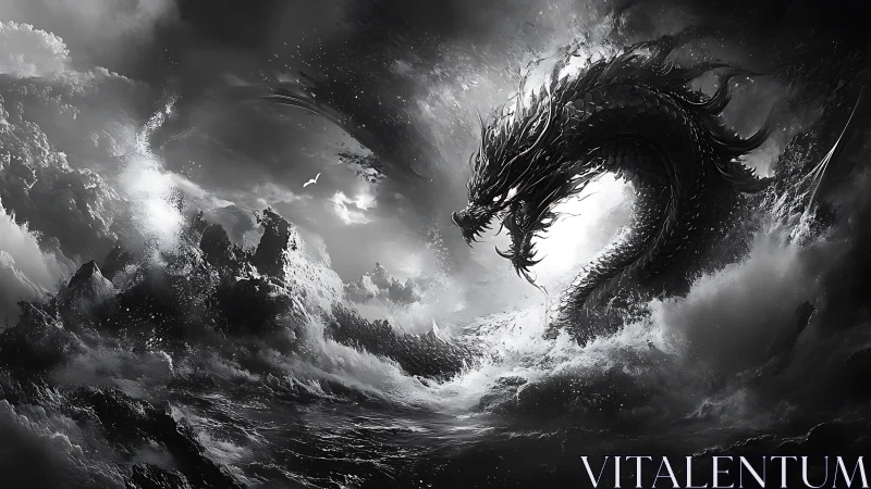 Sea dragon coils through storm waves in monochrome chaos