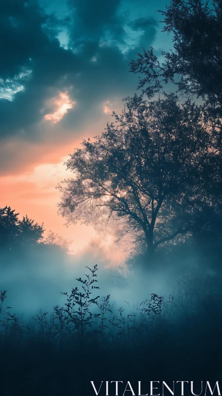 Foggy treeline silhouette under contrasting dusk sky.