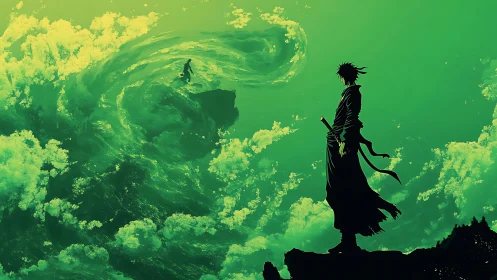 Samurai silhouette confronting distant figure over swirling void.