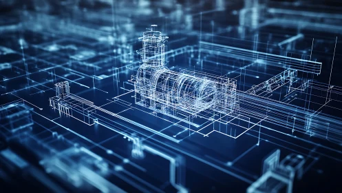 Isometric wireframe turbine plant visualizes complex CAD pipeline