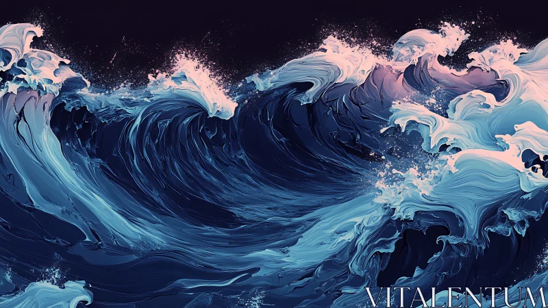 Abstract cyan storm waves twist under midnight sky.